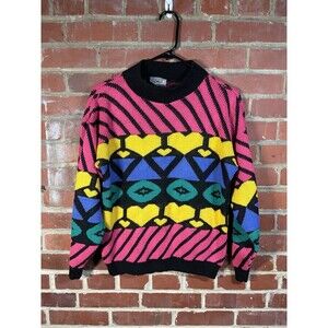 Vintage 90s Adele Knitwear VCR Love Knit Hearts Sweater USA Made Adult Small